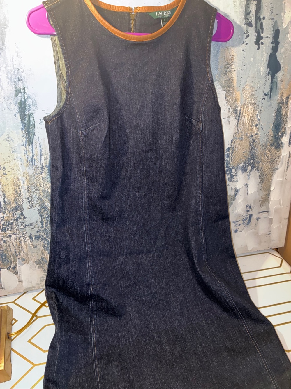 NWOT Lauren Ralph Lauren Black Denim Shift Dress with Genuine Leather  Neck Trim - Picture 12 of 15
